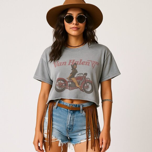 Van Halen Boxy Cropped Tee with Pin-Up Motorcycle Graphic S/M - Picture 2 of 10